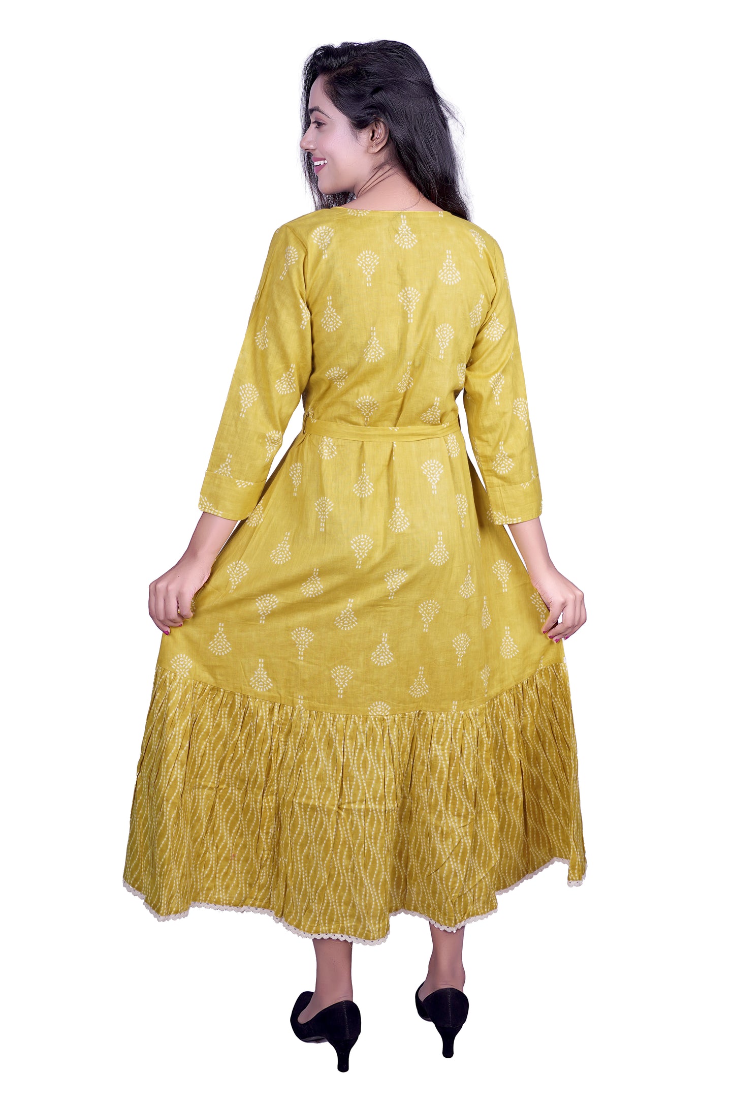 Keoshaa Women Yellow Kurti Block Print Cotton Flair Kurti (Yellow)